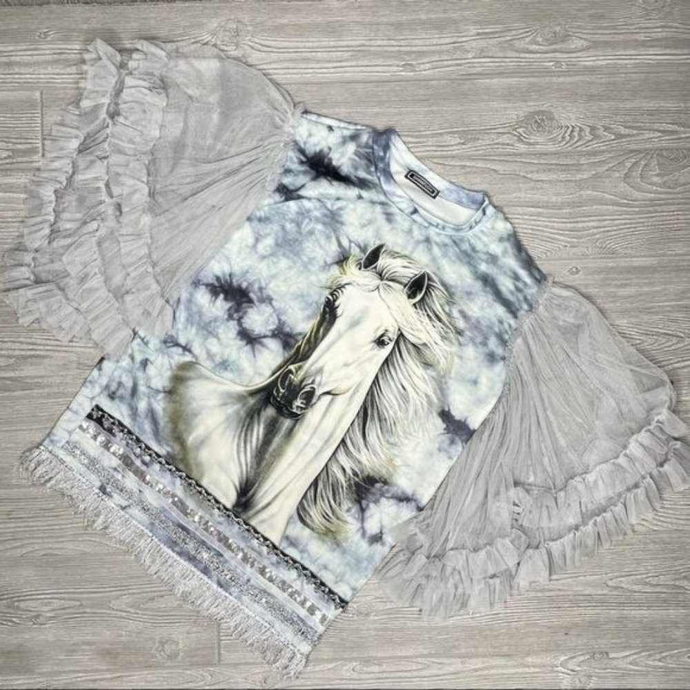 Qihanfuahi ruffle tulle short sleeve horse in clouds Pegasus shirt top size medi
